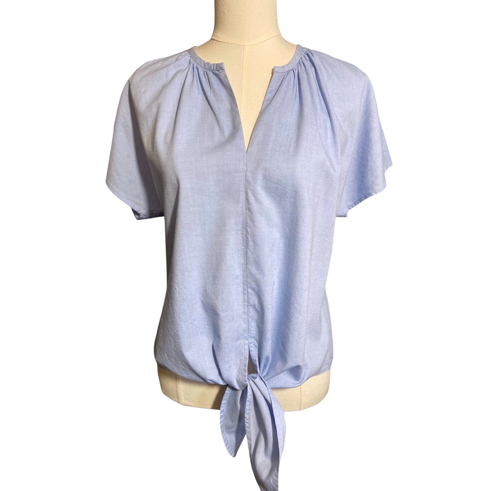 J.Crew Light Blue Chambray Tie Front Button Back Blouse Top Short Sleeve Cotton